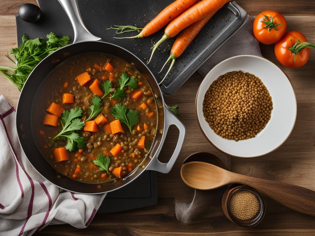 Zutaten und Kochprozess für Linsensuppe